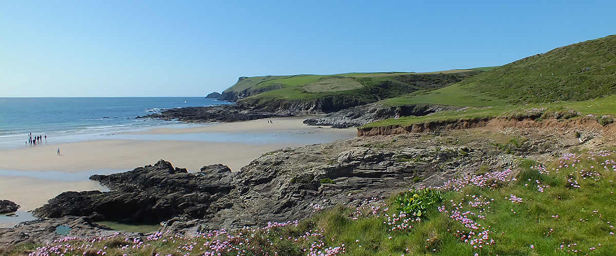 The popular beach of Polzeath on the north coast of Cornwall